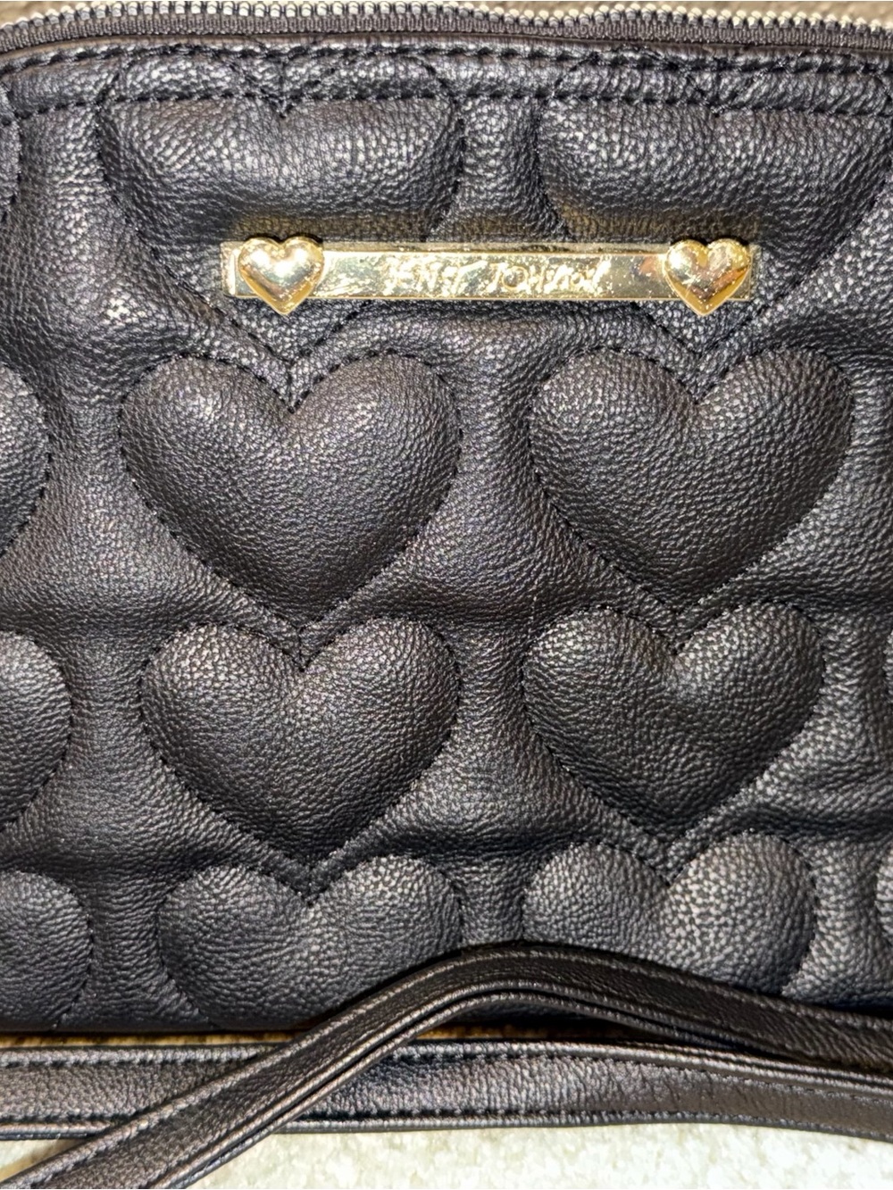 Betsey Johnson Black Quilted Heart Crossbody with Gold Plate